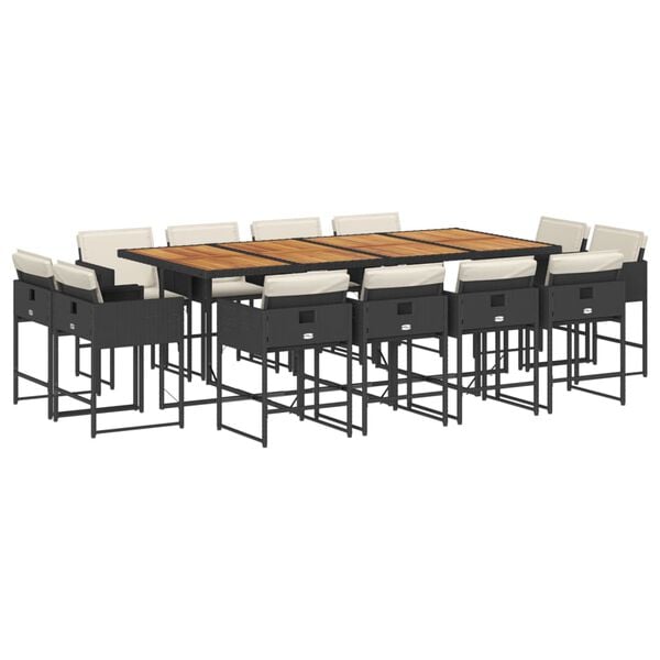 vidaXL 13 pcs conjunto de jantar p/jardim com almofad&otilde;es vime PE preto