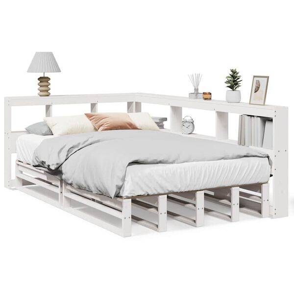 vidaXL Cama com estante sem colch&atilde;o 120x190 cm pinho maci&ccedil;o branco