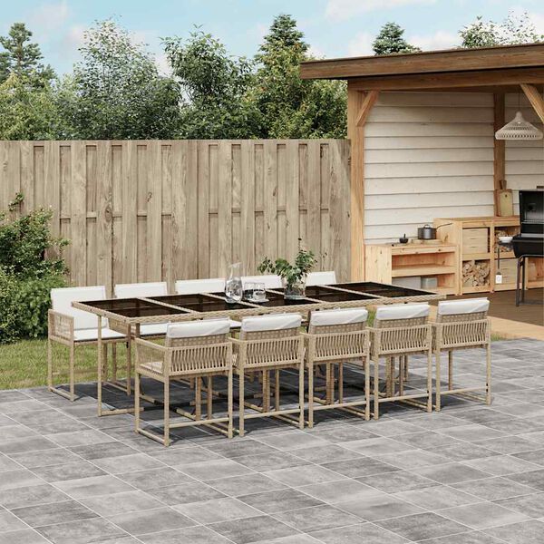 vidaXL 11 pcs conjunto de jantar p/ jardim com almofad&otilde;es vime PE bege