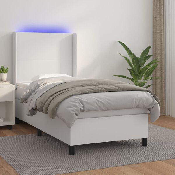 vidaXL Cama box spring c/ colch&atilde;o/LED 90x200cm couro artificial branco