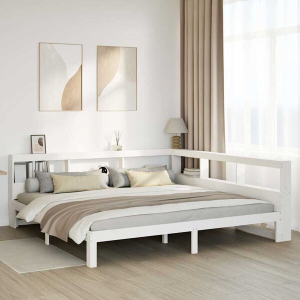 vidaXL Cama com estante sem colch&atilde;o 200x200 cm pinho maci&ccedil;o branco