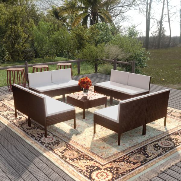 vidaXL 9 pcs conjunto lounge jardim c/ almofad&otilde;es vime PE castanho