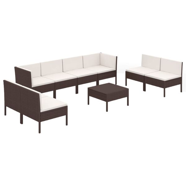 vidaXL 9 pcs conjunto lounge jardim c/ almofad&otilde;es vime PE castanho