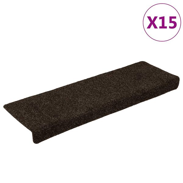 vidaXL Tapetes de escada autoadesivos 15 pe&ccedil;as 65x21x4 cm marrom escuro com borda retangular