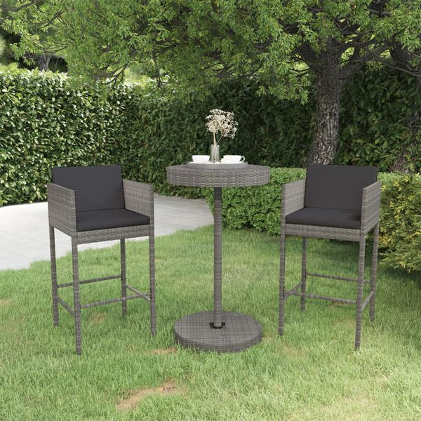 vidaXL 3 pcs conjunto de bar p/ jardim c/ almofadões vime PE cinzento