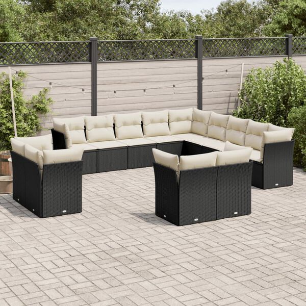 vidaXL 13 pcs conjunto de sof&aacute;s de jardim com almofad&otilde;es vime PE preto