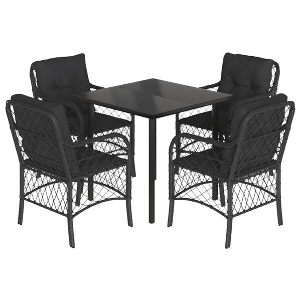vidaXL 5 pcs conjunto de jantar p/ jardim c/ almofad&otilde;es vime PE preto