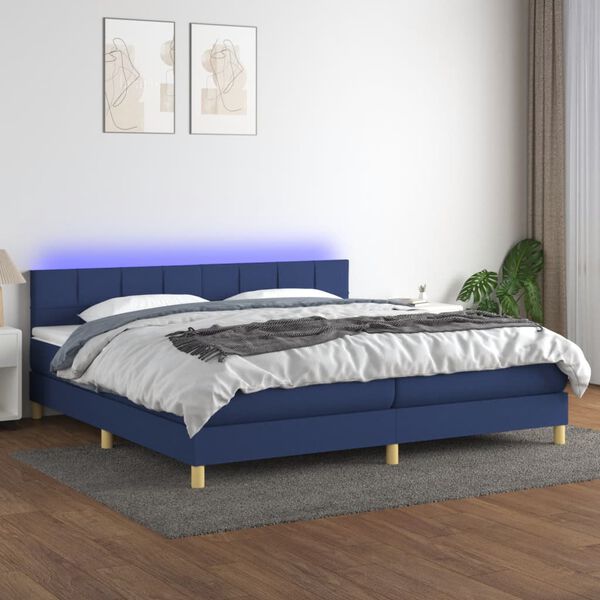 vidaXL Cama box spring c/ colch&atilde;o e LED 200x200 cm tecido azul