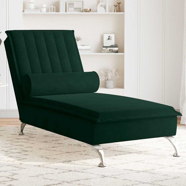 vidaXL Chaise lounge de massagem com rolo tecido verde-escuro