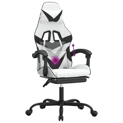 vidaXL Cadeira gaming giratória c/ apoio pés couro artif. branco/preto