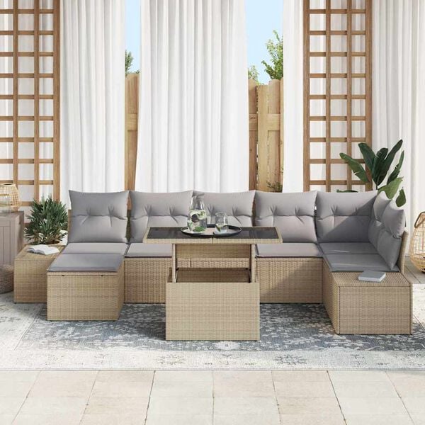 vidaXL Conjunto de Sof&aacute; de Jardim 8 pcs Bege Rattan Sint&eacute;tico