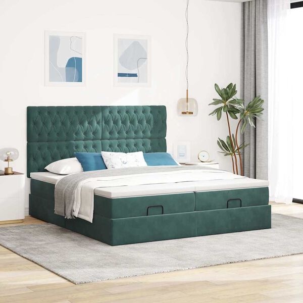 vidaXL Estrutura de cama otomana com colch&atilde;o verde escuro Veludo