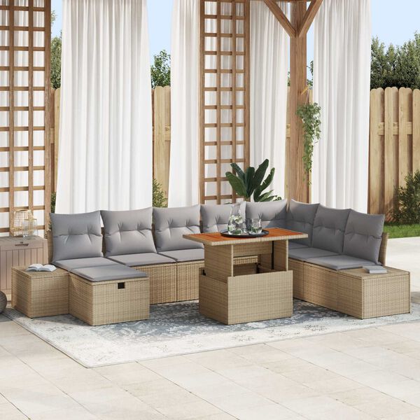 vidaXL Conjunto de Sof&aacute; de Jardim 9 pcs Bege Rattan Sint&eacute;tico