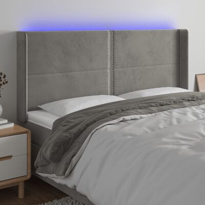 vidaXL Cabeceira cama c/ luzes LED veludo 183x16x118/128cm cinza-claro