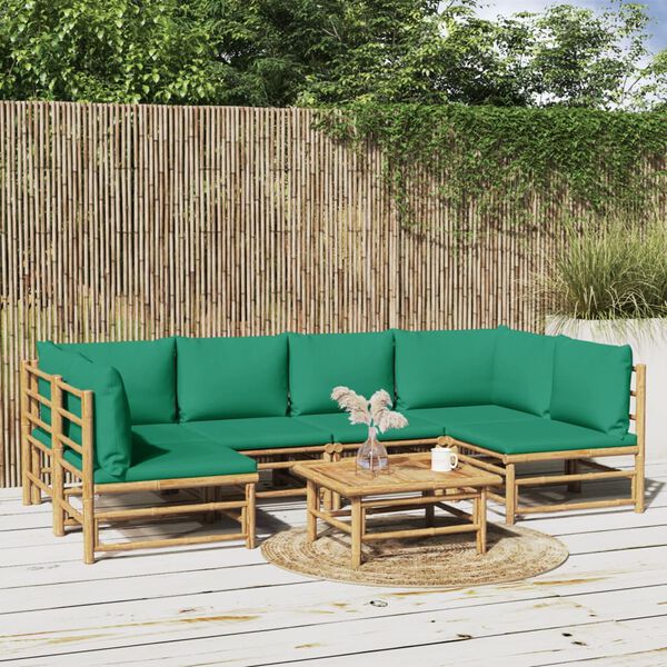 vidaXL 7 pcs conjunto lounge de jardim bambu c/ almofadões verdes