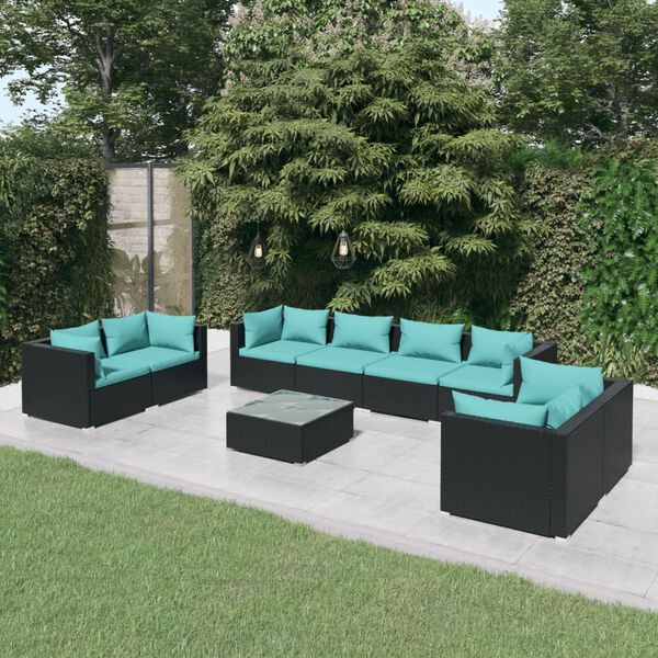 vidaXL 9 pcs conjunto lounge de jardim c/ almofad&otilde;es vime PE preto