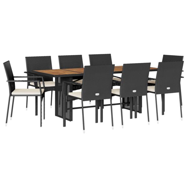 vidaXL 9 pcs conjunto de jantar p/ jardim c/ almofad&otilde;es vime PE preto
