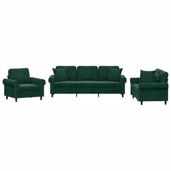 vidaXL 3 pcs conjunto de sof&aacute;s com almofadas veludo verde-escuro