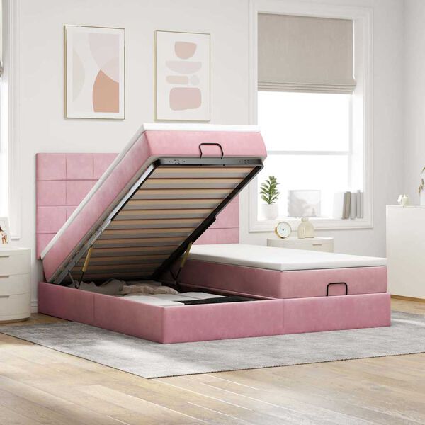 vidaXL Estrutura de cama otomana com colch&otilde;es 160x200 cm veludo rosa