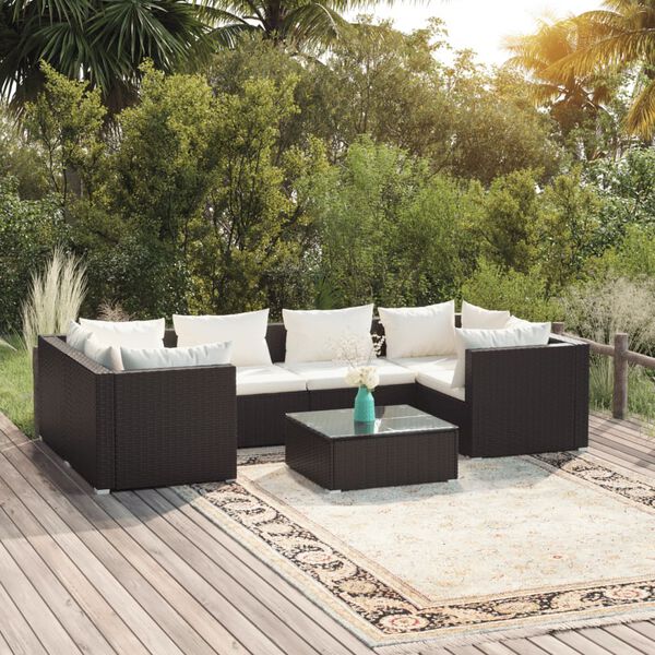 vidaXL 7 pcs conjunto lounge de jardim c/ almofad&otilde;es vime PE preto