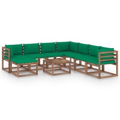 vidaXL 9 pcs conjunto lounge para jardim com almofadões verdes