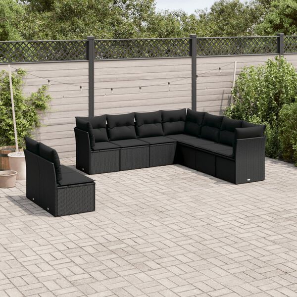 vidaXL 9 pcs conjunto de sof&aacute;s p/ jardim c/ almofad&otilde;es vime PE preto