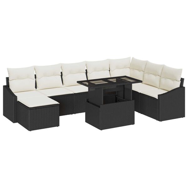 vidaXL Conjunto de Sofá de Jardim com almofada 9 pcs Preto e Creme