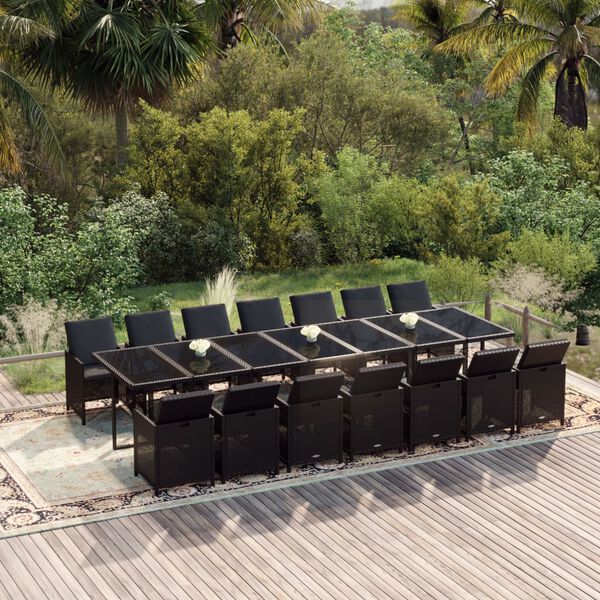 vidaXL 15 pcs conjunto jantar p/ jardim c/ almofad&otilde;es vime PE preto