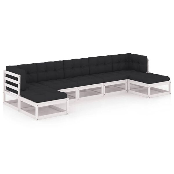 vidaXL 7 pcs conj. lounge de jardim c/ almofadões pinho maciço branco
