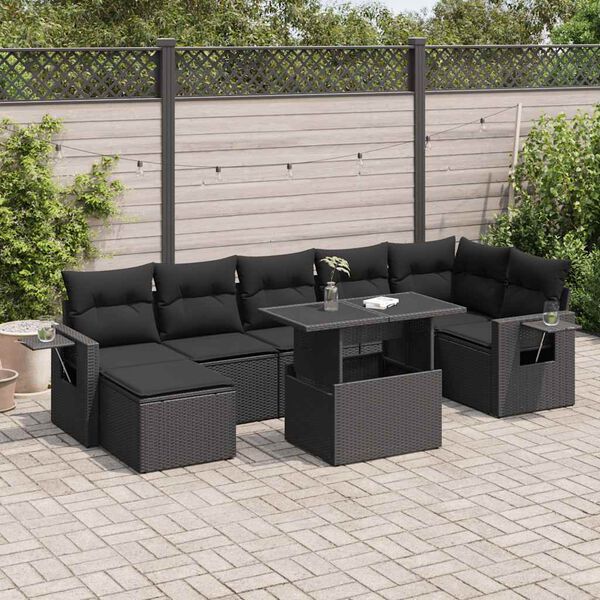 vidaXL 8 pcs conjunto sof&aacute;s de jardim com almofad&otilde;es vime PE preto