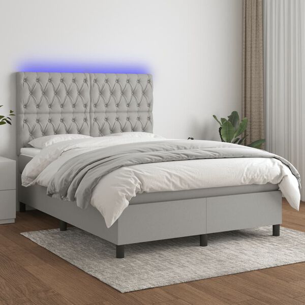 vidaXL Cama box spring c/ colch&atilde;o e LED 140x190 cm tecido cinza-claro