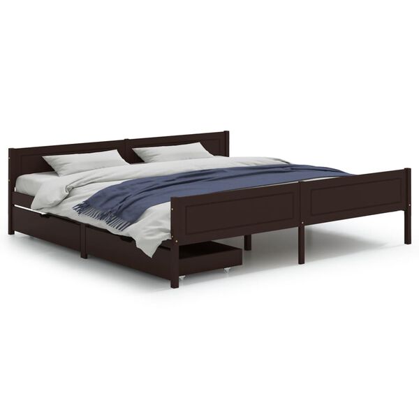 vidaXL Cama com 2 gavetas 200x200 cm pinho maci&ccedil;o castanho-escuro