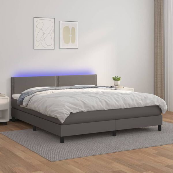 vidaXL Cama box spring c/ colch&atilde;o/LED 160x200cm couro artificial cinza