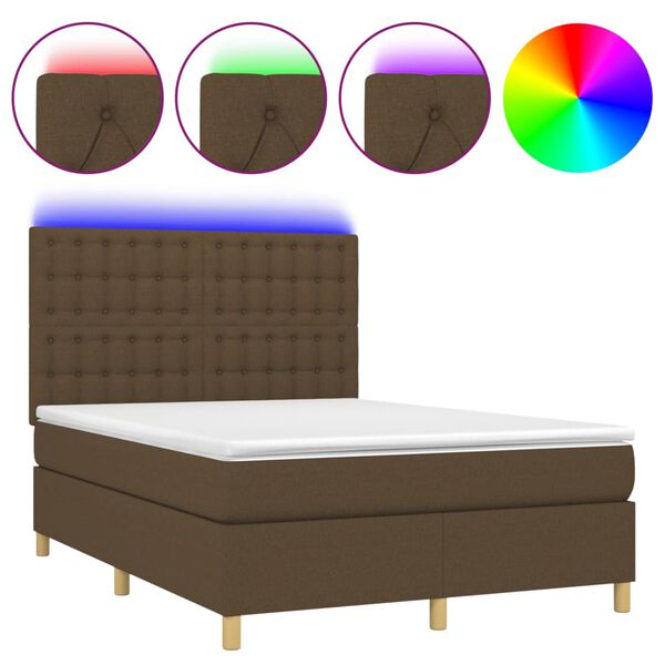 vidaXL Cama box spring c/ colch&atilde;o/LED 140x190cm tecido castanho-escuro