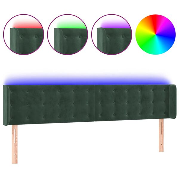 vidaXL Cabeceira cama c/ luzes LED veludo 203x16x78/88 cm verde-escuro