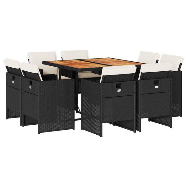 vidaXL 9 pcs conjunto de jantar p/ jardim c/ almofad&otilde;es vime PE preto