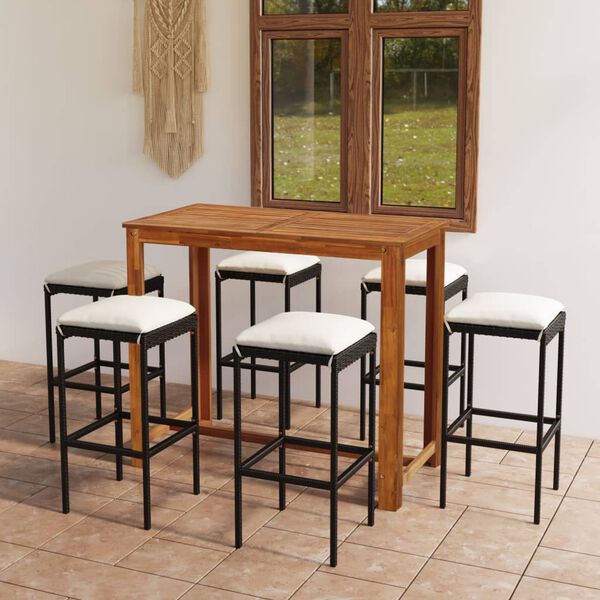 vidaXL 7 pcs conjunto de bar p/ jardim com almofad&otilde;es preto