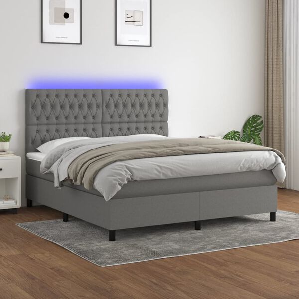vidaXL Cama box spring c/ colch&atilde;o e LED 160x200 cm tecido cinza-escuro