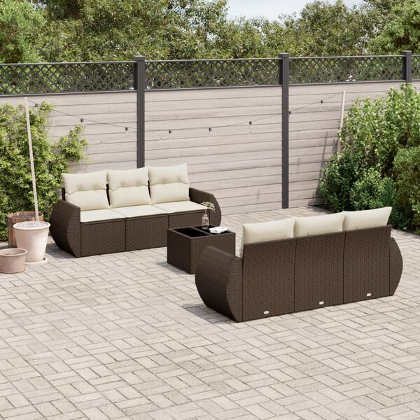 vidaXL 7 pcs conjunto de sof&aacute;s jardim c/ almofad&otilde;es vime PE castanho