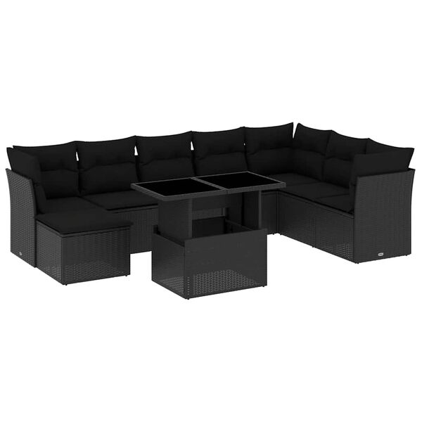 vidaXL 9 pcs conjunto de sof&aacute;s p/ jardim c/ almofad&otilde;es vime PE preto