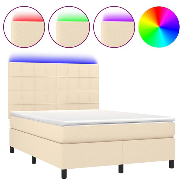 vidaXL Cama box spring c/ colch&atilde;o e LED 140x190 cm tecido cor creme