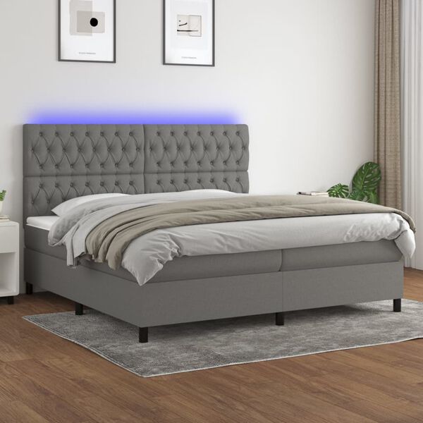 vidaXL Cama box spring c/ colch&atilde;o e LED 200x200 cm tecido cinza-escuro