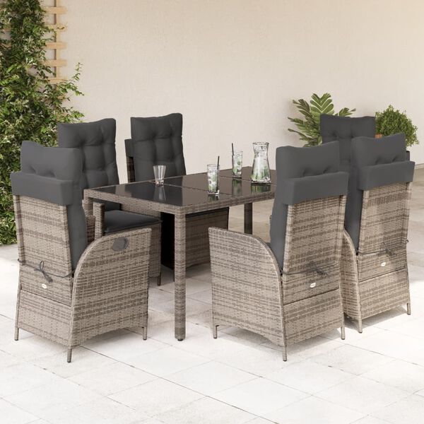 vidaXL 7 pcs conjunto de jantar p/ jardim c/ almofad&otilde;es vime PE cinza