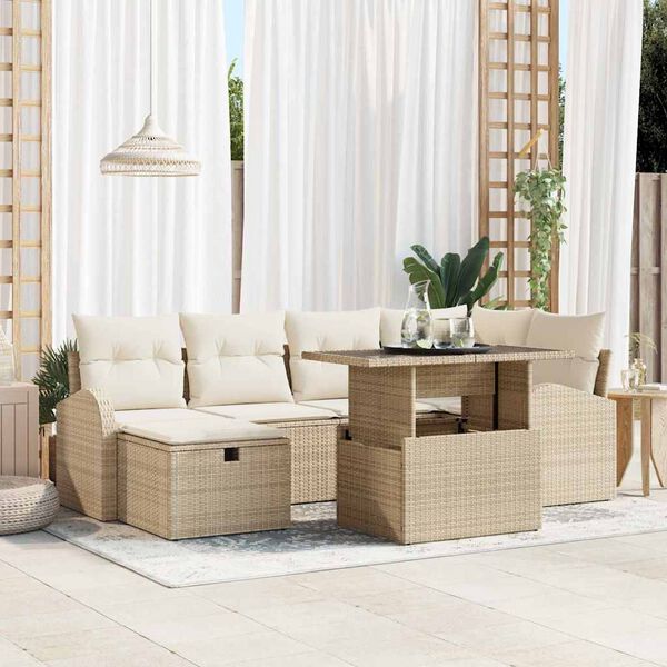 vidaXL Conjunto de Sof&aacute; de Jardim 7 pcs Bege Rattan Sint&eacute;tico
