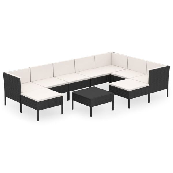 vidaXL 10 pcs conjunto lounge de jardim c/ almofad&otilde;es vime PE preto