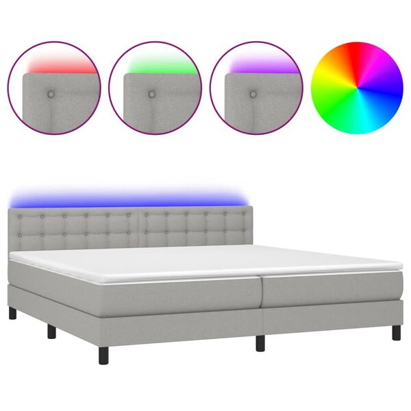 vidaXL Cama box spring c/ colch&atilde;o e LED 200x200 cm tecido cinza-claro