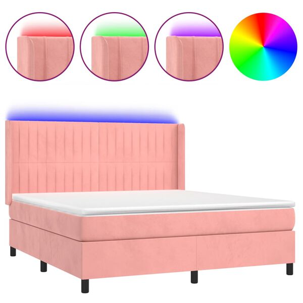 vidaXL Cama box spring c/ colch&atilde;o/LED 160x200 cm veludo rosa