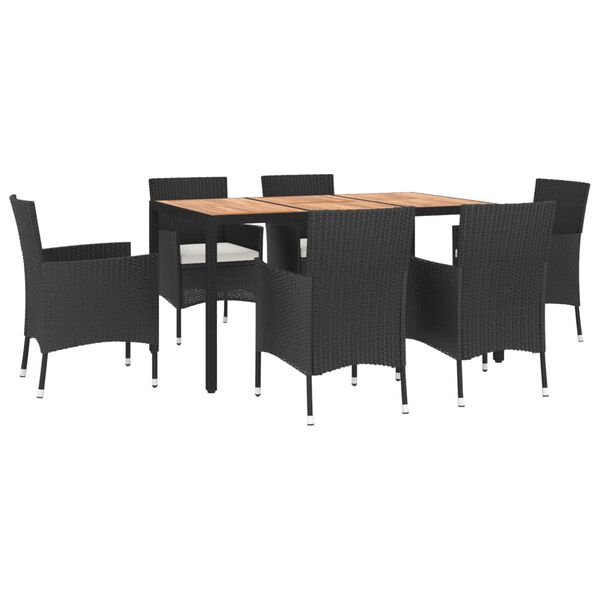 vidaXL 7 pcs conjunto de jantar p/ jardim c/ almofad&otilde;es vime PE preto