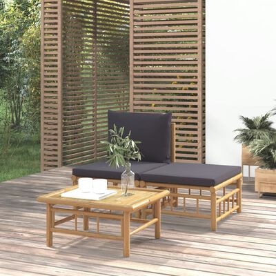 vidaXL 3pcs conj. lounge de jardim bambu c/ almofadões cinzento-escuro