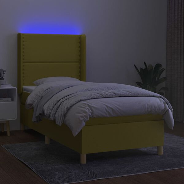 vidaXL Cama box spring c/ colch&atilde;o e LED 90x190 cm tecido verde